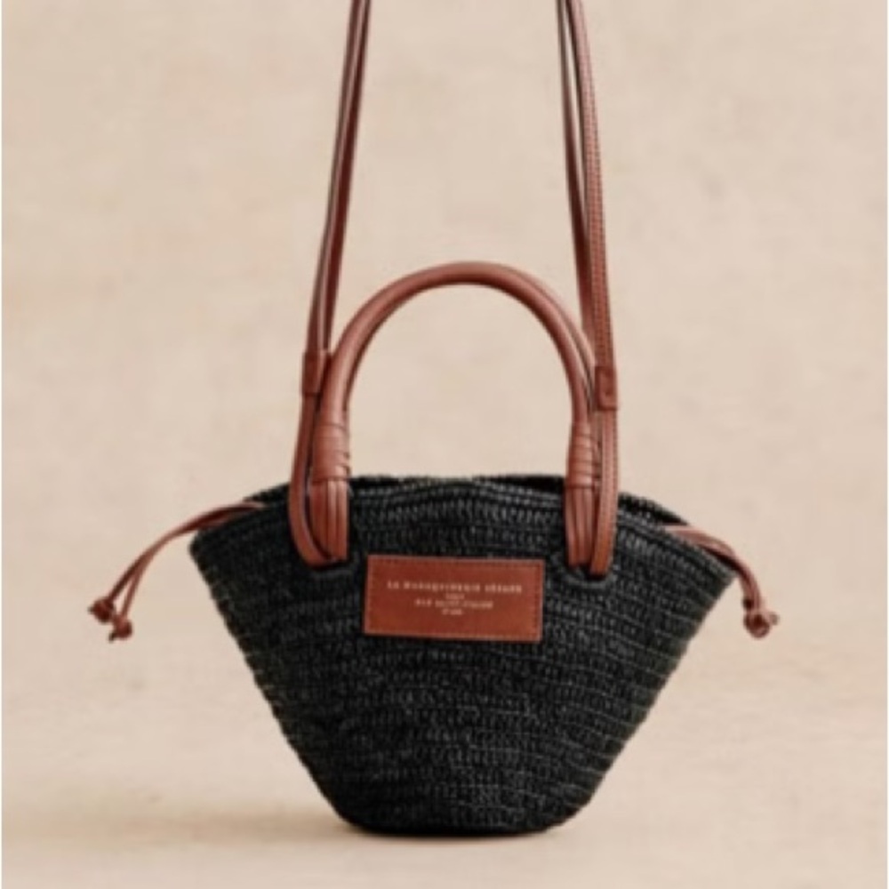Sezane Mini Straw Tote in Black with Brown Leather Trim